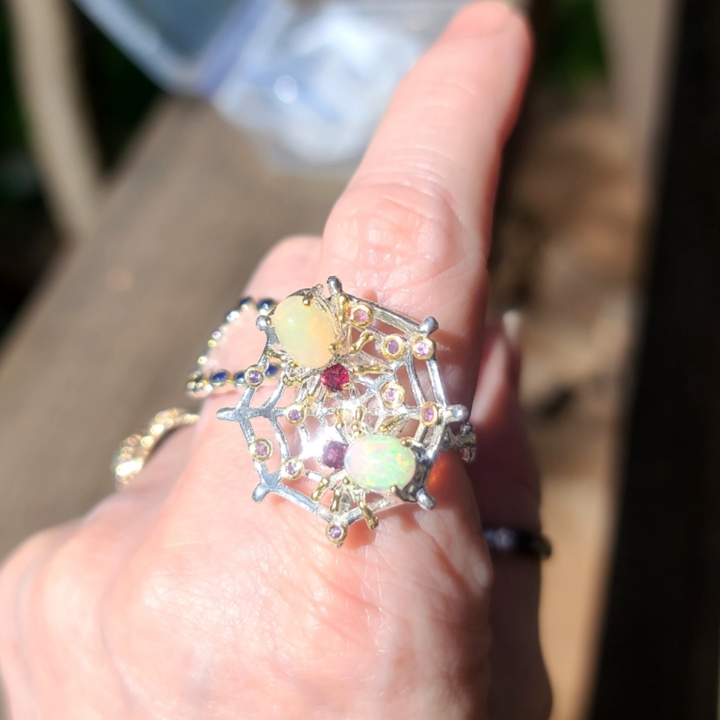 Opal Ruby & Amethyst Natural Gemstone Sterling & Gold Earring &Ring Set Size 8